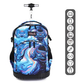 Tilami Rolling Backpack, 18 inch Shoulder Drop, Concealed Pockets and Wheel Cover, Laptop Backpack for Boys and Girls, Painting Blue