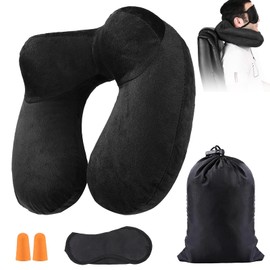 KOOSREEL Inflatable Travel Pillow, Travel Pillow with Sleep Mask + Earplugs + Carry Bag, Super Lightweight and Portable, Ideal for Airplane, Car, Home, Office, Black