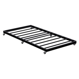 Lutown-Teen Twin Trundle Bed Frame with Metal Slats, Roll-Out Design, Easy Assembly Steel Frame with Lockable Wheels, Noiseless Pull Out Bed for Bedroom, Living Room or Guest Room, Black