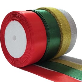Christmas Ribbon 4 Rolls 100 Yards, 1 Inch Gold Silver Glitter Sparkly Ribbon for Christmas Trees Ornaments, Red Dark Green Satin Ribbon for Gift Wrapping, Wreath Bows Making, Gift Tags, DIY Crafts