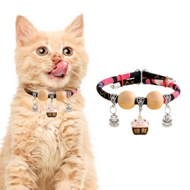 Yopoll Lucky Kimono Cedar-Bead Pet Collar – Adjustable Traditional Cat and Dog Neckwear for Weddings, Photography, Birthday, Party (Cat Bells) (Black, S)