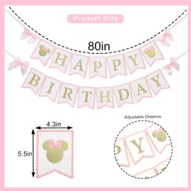 Minnie Mouse Happy Birthday Banner - Minnie Mouse Birthday Decorations, Pink And Gold Banner, Bow Girl 1st Pink Decor (banner)