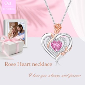 LAVUMO Necklace for Women Sterling Silver 925 Rose Flower Pendant Birthstone Jewelry Gift for Women Girlfriend Wife Mum Anniversary Birthday Valentines Christmas Gifts (Silver-10-October)