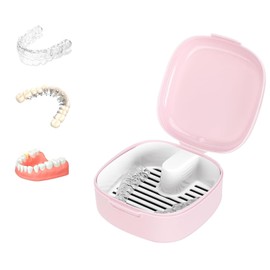 Denture Box with Strainer, Portable Denture Box Cover, Braces Box, Denture Box Retainer, Protesal Container Tooth Splint Box, for Holder, Cleaning Box (Pink)