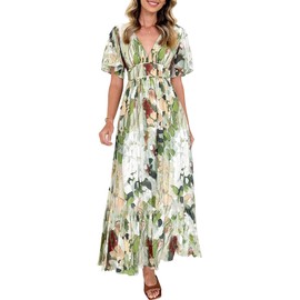 Flessibili Womens V Neck Flutter Sleeve Boho Midi Dress Summer Wedding Guest Beach Party Long Dresses Green Abstract X-Large