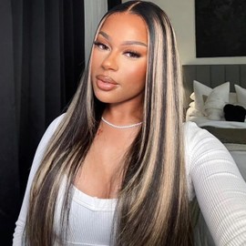 Kephare FB/613 Balayage Highlight Ombre Lace Front Wig Human Hair Straight 13x4 HD Transparent Lace Front Wigs Human Hair Pre Plucked 24 Inch 180 Density Ash Blonde Wig for Women With Baby Hair