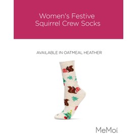 MeMoi Women's Festive Squirrel Crew Socks Oatmeal Heather 9-11