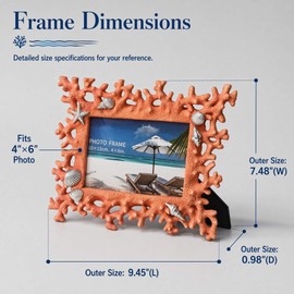 4x6 Coral Shell Picture Frame, Orange Resin Beach Decor