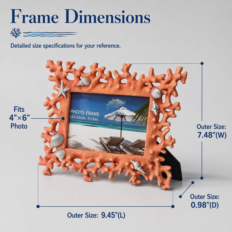 4x6 Coral Shell Picture Frame, Orange Resin Beach Decor