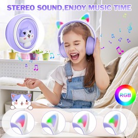 BLAZDEVE Bluetooth Cat Ear Headphones, Foldable Ear LED Light Child Wireless Headphones with Microphone and LED Light for Child, Compatible with Mobile Phones PC Tablet (Purple)