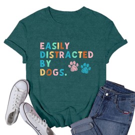 VQD Womens Dog Mom Shirt Easily Distracted by Dogs Tshirt Dog Paw Print Tee Tops Green