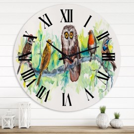Designart 'Owl On A Branch With Bird Friends' Traditional wall clock - 36 in. high, 36 In. Wide