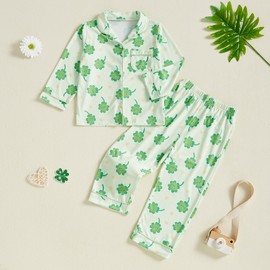 Nokpsedcb Toddler Boy Girl St Patricks Day Pajamas Set Cute Button Down Shamrock Print Shirt Long Pants Kids Sleepwear (Green, 6-7 Years)