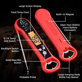 Instant Read Meat Thermometer for Grill and BBQ, Fast Accuracy Digital Food Thermometer with Backlight&Waterproof for Cooking,Baking,Fish,Liquids,Lamb,Chicken (Red)