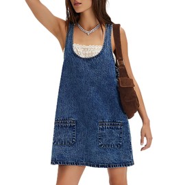 POLIRO Denim Overall Dress Jean Mini Sleeveless Western Tank Country Concert Romper Dresses with Pockets for Women 2025 Jumper Short Blue Crew Neck Size Medium Size 8 10