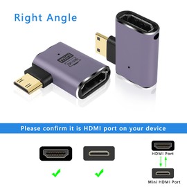 GINTOOYUN 8K Mini HDMI to HDMI Extender Adapter 2.1 Version Mini HDMI Male to Right Angle 90 degreeHDMI Female Extension Adapter for Camera,Laptop,Tablet,HDTV,Projector 2 PCS(Angle Right)