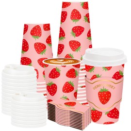 FYSUIMU 50 Set Strawberry Disposable Coffee Cups with Lids and Sleeves Gold Foil Strawberry Paper Drinking Cups Sweet Paper Cups for Birthday Baby Shower Party Supplies