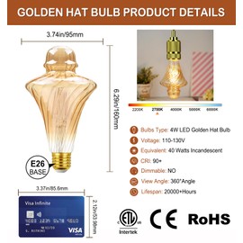 MYEARAYS 40 Watt Decorative Vintage LED Light Bulbs, Golden Hat 4W LED Filament Edison Bulb,2700K Oversized Warm Lights,Non-Dimmable E26 Lamp Base,1-Pack