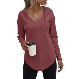 morhuduck Women's V Neck Hoodies Long Sleeve Sweatshirt Drawstring Pullover Tops with Pocket,Purple Red, S