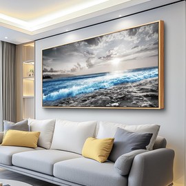 hyidecorart Wood Framed Wall Art For Living Room Large Wall Decor For Office Modern Bedroom Wall Decorations Blue Ocean Wave Wall Paintings Black and White Beach Pictures Artwork Home Decor 20x40