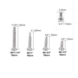 #8 Flat Head Phillips Drive Self Drilling Screws 410 Stainless Steel Self-Tapping Screws 1/2 in / 3/4 in / 1 in / 1-1/4 in Assortment Kit Set 200 Pcs