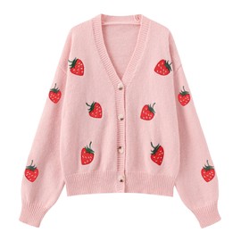 Women's Cute Strawberry Embroidered Knitted Cardigan Sweet Kawaii Button Line Cardigan Y2 K-Line Cardigan