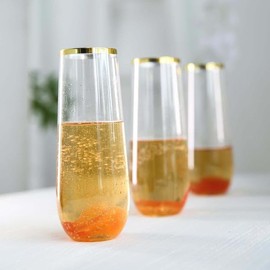 TABLECLOTHSFACTORY 6 Pack 9 oz Clear Disposable Stemless Champagne Flutes with Gold RIM Cylinder Glass
