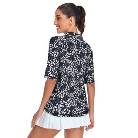 Misyula Golf Shirts for Women Plus Size, Half Sleeve Quarter Zip Polo Ladies Fast Dry Loose Fit Sun Protection Tennis Athletic Casual Tops,White-Leaf,2XL