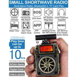ZHIWHIS Shortwave Radio with Bluetooth and NOAA Alert, AM FM SW WB Small Radios with APP Control, Bass, SOS Alarm, Preset, T-Type Antenna, Emergency w/ 9.9 Ft Wire Antenna for Camping ZWS-777
