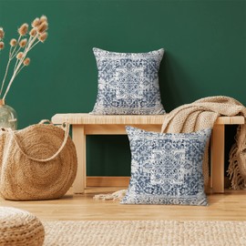 BETGINY Boho Pillow Covers 16x16, Blue and White Ethnic Design Outdoor Decorative Throw Pillows for Couch, Carpet Pattern Decor Cushion Cover 2 Pcs Farmhouse Linen Pillowcase for Bed Car Safa