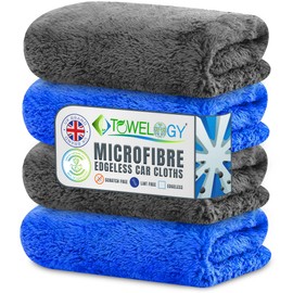 Towelogy® X009 Microfibre Edgeless Car Cleaning Cloths for Detailing Washing & Drying 500GSM Long Plush Fibres Auto Towels 40x40cm (Grey/Blue, 4)