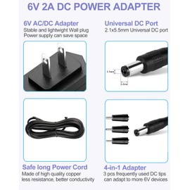 DC6V 2A Power Supply Adapter, Universal AC Adapter 6Volt 2000mA 1500mA 1000mA 500mA 400mA for Digital Blood Pressure Monitoir, Charger with 3 DC Plug Tips, 6.6 Ft Long Power Cord.
