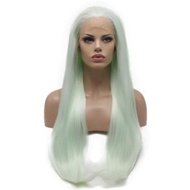 Lushy Hair Lace Front Synthetic Wig Straight Long 28inch Lightest Green Heat Resistant Heavy Density Wig