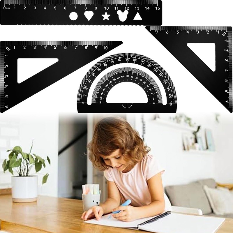 8Pcs Black & Green Maths Protractor Set, Triangle Rulers Metal