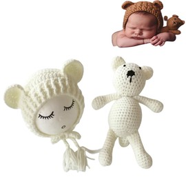Lgvhydh Newborn Photography Outfits Boy Props - Knit Hat Beanie with Bear Dolls Costume (White)