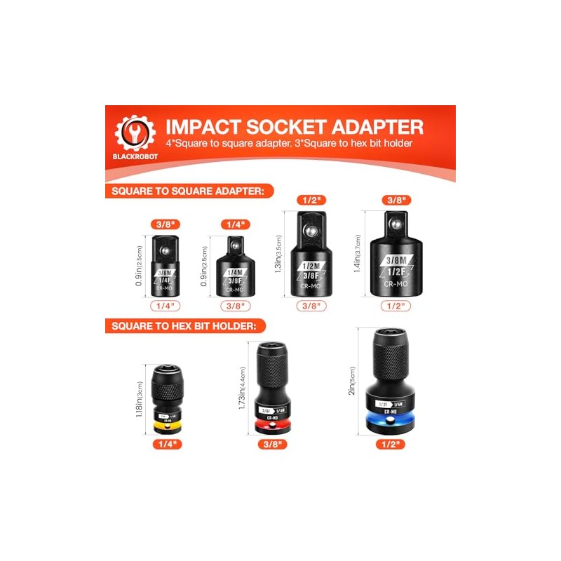 BLACKROBOT 7PCS Quick Release Impact Bit Holders 3/8 1/2 1/4-Inch