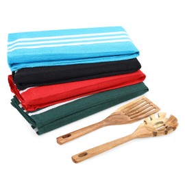 FORESIDE LIVING Kitchen Multicolored Towel with 2 set of Wooden spoon, Highly Absorbent 80%/20% Polyester Cotton Kitchen Dish Towels-Reusable Cleaning Cloths-Super Absorbent-Machine Washable (Set/4)