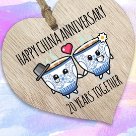 20th Wedding Anniversary Plaque Gift for Husband Wife - 20 Years Together - Happy China Anniversary Wooden Heart for Women Men Partner, Light Wood Sign Keepsake Gifts