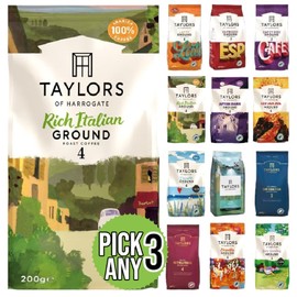 Taylors Ground Coffee (Each Pack 200g) Pick Any 3 from 12+ Flavours Inc. Latte, Espresso, Decaffe, Cafetiere, Lazy Sunday, Hot Lava Java, Rich Italian,Brasilia and More