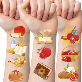 MOIZYNG 8 Sheet Rosh Hashanah Temporary Tattoos for Kids, Shana Tova Stickers for Boys Girls Adults, High Holy Days Temporary Tattoos for Jewish New Year Holiday Party Favors Supplies Decorations