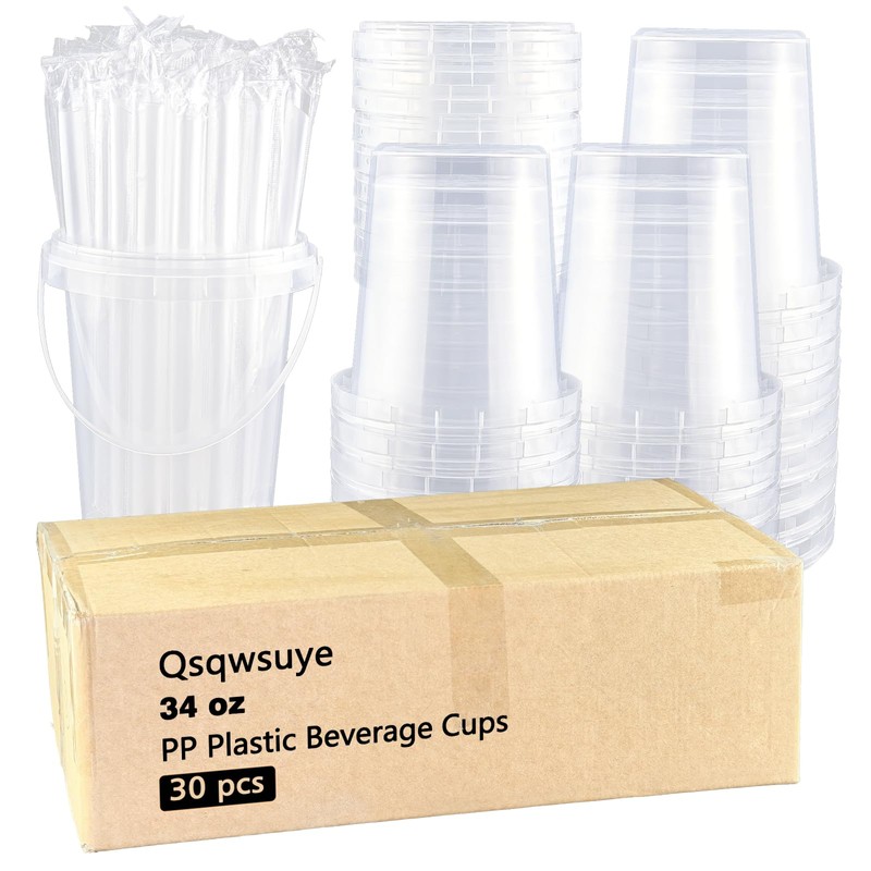 30 Sets - 34 oz Plastic Cups with Lid and