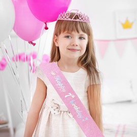 Leixi 7th Birthday Decorations for Girls,Pink Birthday Sash and Crown Tiara Set,Happy 7th Birthday Party Supplies(Pink 7th)