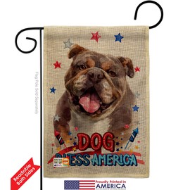 Patriotic Chocolate Bulldog Burlap Garden Flag Set with Stand Animals Dog Puppy Spoiled Paw Canine Fur Pet Nature Farm Animal Creature Small Gift Yard House Banner Double-Sided Made In USA 13 X 18.5