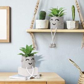 Alynsehom Artificial Potted Plant,Cute Fake Succulent Plant with Hanging Leg,Emotional Cement Faux Succulent Potted Plant Decor for Home Office Table Desk Living Room Shelves(Smile)