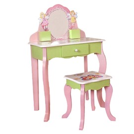EVLIQUIL Kids Vanity Set with Stool, Wooden Makeup Dresser Table with Mirror, Flower Fairy Design with Storage Drawer, Safety Anti-Tip for Girls Age 3 and Up