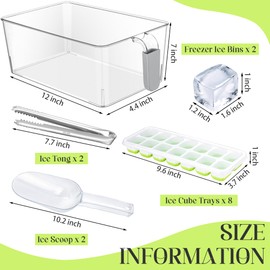 Aneco 2 Set Plastic Freezer Ice Bin with Flexible Scoop Clear Storage Bin with Pull out Handle Tongs Ice Cube Tray Ice Container for freezer Kitchen, 12 x 7 x 4.4 Inch
