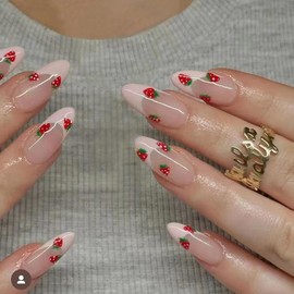 Almond False Nails Press on Nails Medium Pink French Fake Nails Artificial Acrylic Nails Strawberry Almond Stick on Nails Full Cover Glossy Reusable Coffin Nails Glue on Nails for Women