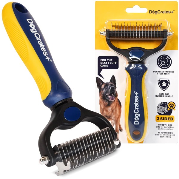 DogCrates+ Undercoat Rake Deshedding Brush for Dogs and Cats, 2-Sided