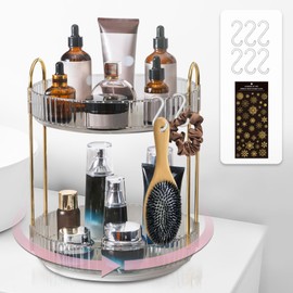 Megapuxin Rotating Makeup Organizer for Vanity,Large Perfume Organizers Skincare Make Up Storage Cosmetic Dresser Organizer Countertop Organizer with Hooks DIY Stickers for Bathroom