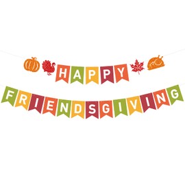 JKQ Colorful Happy Friendsgiving Banner Thanksgiving Friends Party Paper Bunting Banner with Glittery Pumpkin Turkey Maple Leaves Signs Friendsgiving Turkey Day Fall Harvest Party Wall Decorations